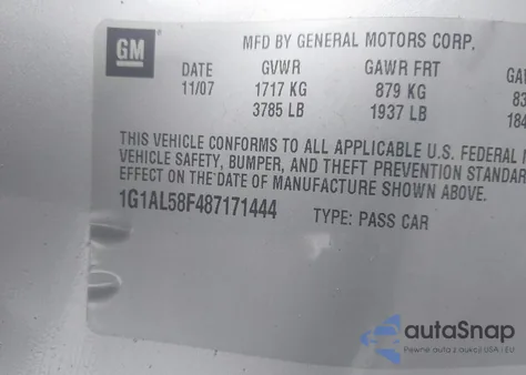 2008 Chevrolet Cobalt Lt z USA, uszkodzony, nr VIN 1G1AL58F487171444